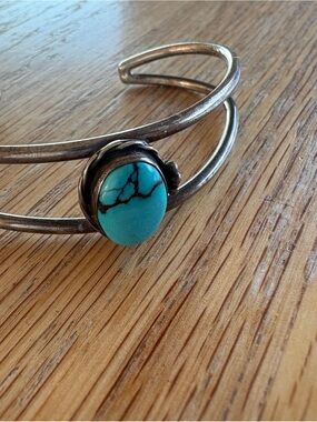Turquoise Stone Silver Cuff Bracelet - Unbranded and Unmarked